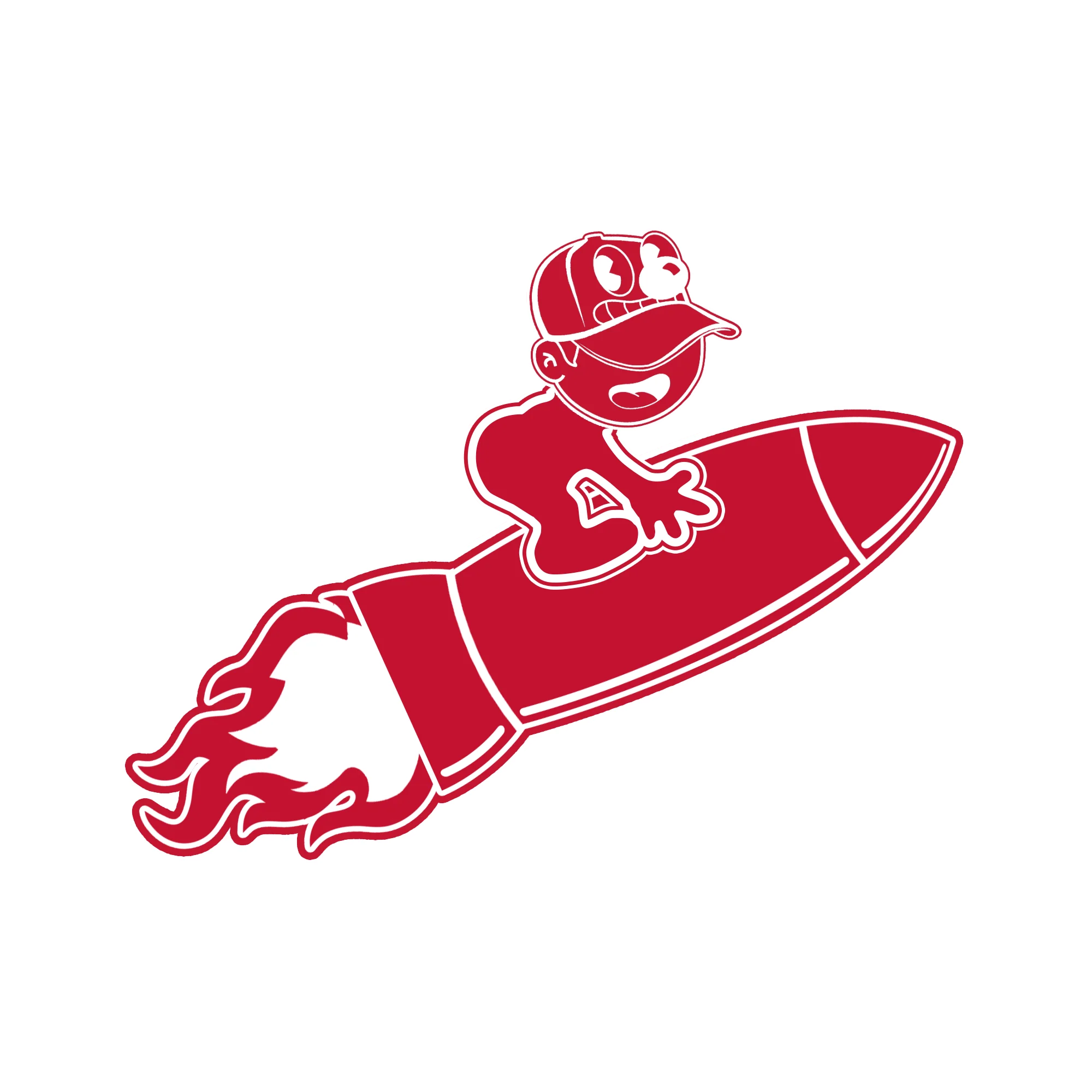 The mascot riding a rocket