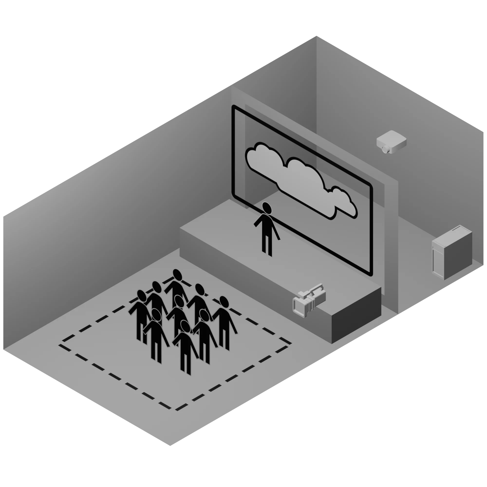 Diagram: a calm crowd in front of a stage screen showing clouds, a camera on the stage edge