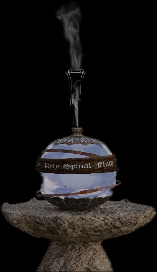A flask labelled Holy Spinal Fluid, on a stone stand